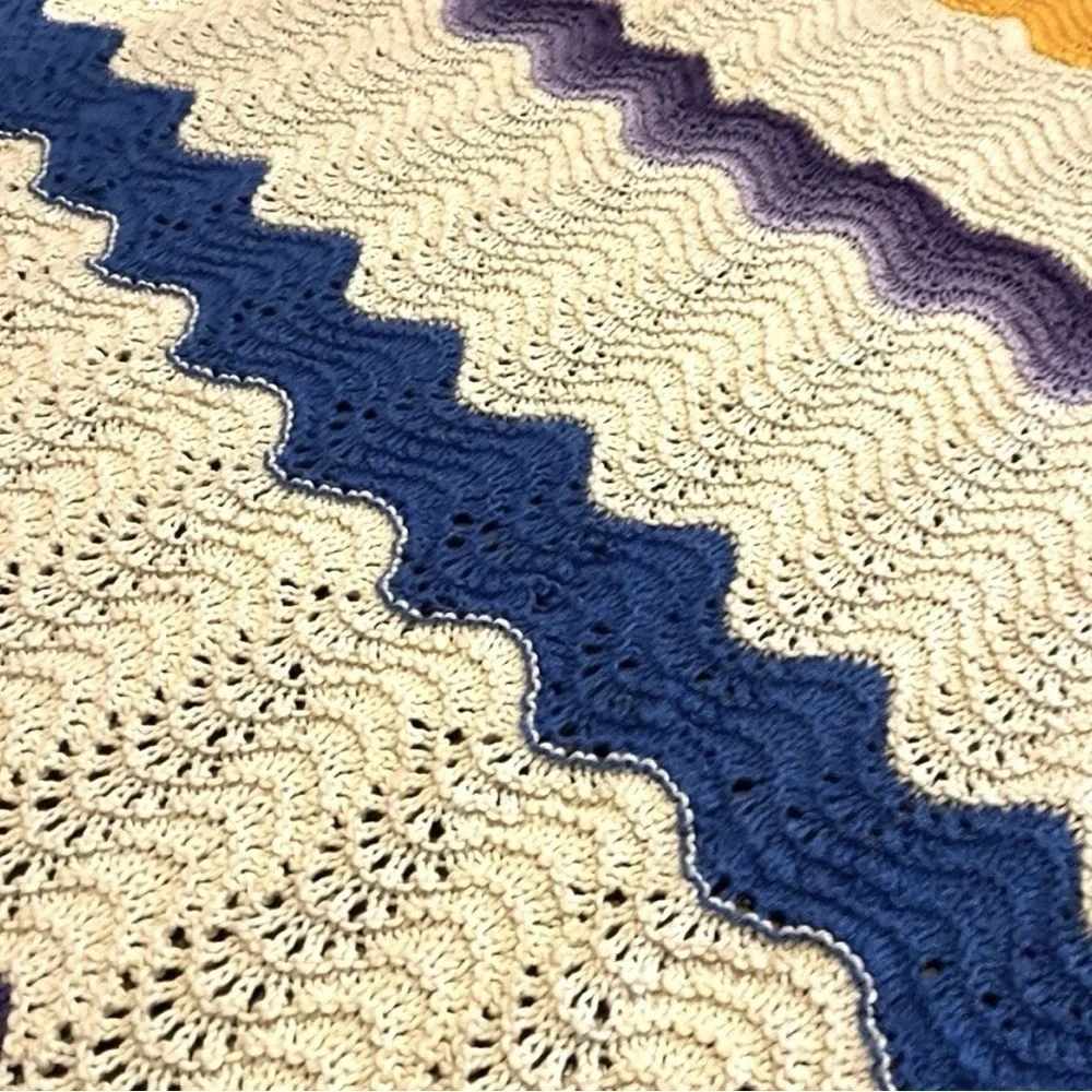Hand Crocheted Knit Twin Size Afghan Throw Blanket Cream, Yellow, Purple & Blue